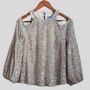 CECE Women's Sequin Open Shoulder Balloon Sleeve Blouse Silver Size XS